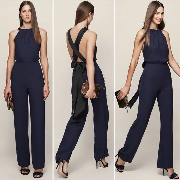 Reiss Ink Blue Lolita Elegant Navy Jumpsuit Wide Leg Backless Bow Back Jumper 4